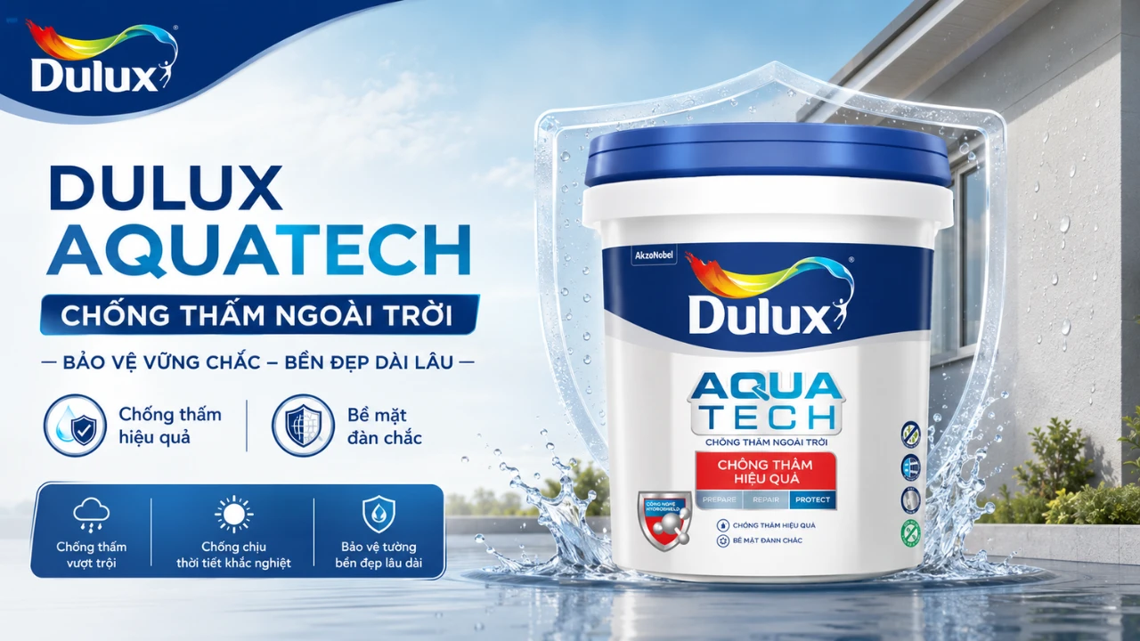 Dulux Aquatech là dòng sơn chống thấm ngoài trời giúp hạn chế nước thấm, bảo vệ bề mặt tường và tăng độ bền cho công trình.