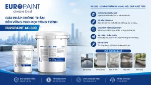 EUROPAINT AC-300 là dòng sơn chống thấm đa năng phù hợp cho tường đứng, sân thượng, nhà vệ sinh, ban công và tầng hầm, giúp bảo vệ công trình trước tác động của nước và thời tiết.