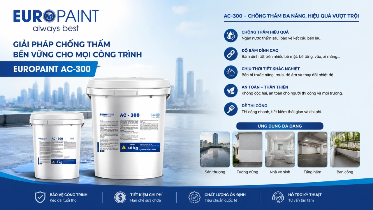 EUROPAINT AC-300 là dòng sơn chống thấm đa năng phù hợp cho tường đứng, sân thượng, nhà vệ sinh, ban công và tầng hầm, giúp bảo vệ công trình trước tác động của nước và thời tiết.