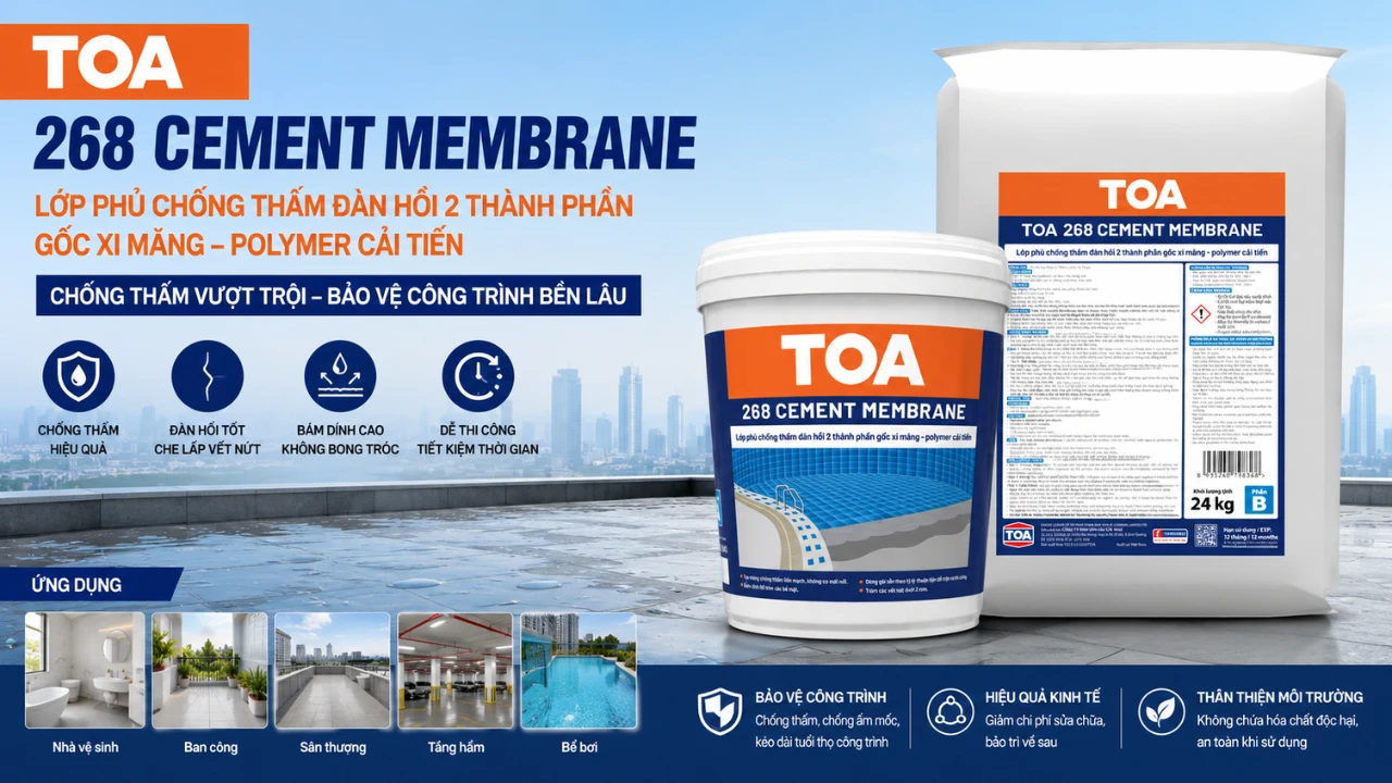 OA 268 Cement Membrane là lớp phủ chống thấm đàn hồi 2 thành phần gốc xi măng - polymer cải tiến, phù hợp cho sân thượng, nhà vệ sinh, ban công, tầng hầm, hồ bơi và các bề mặt bê tông cần khả năng chống thấm bền vững.